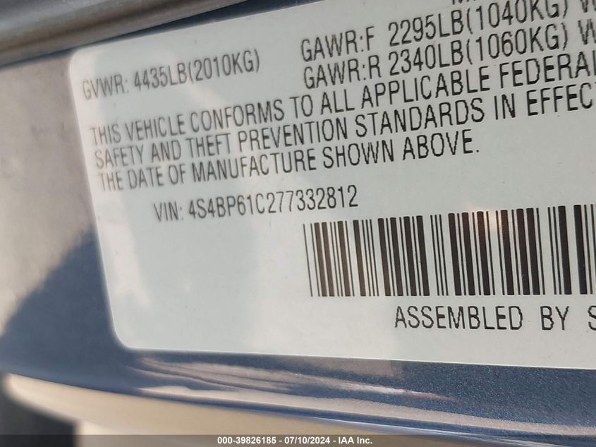 2007 Subaru Outback 2.5I VIN: 4S4BP61C277332812 Lot: 39826185