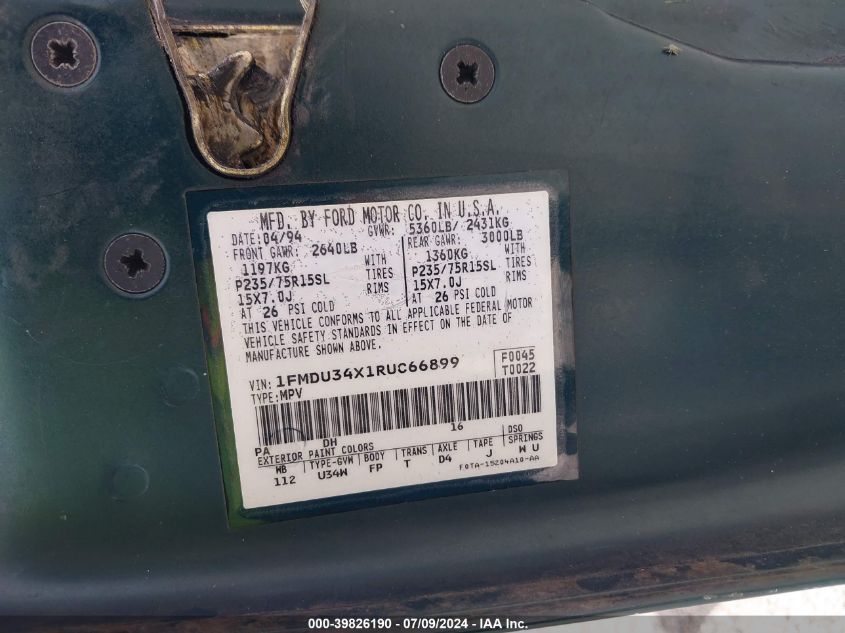 1994 Ford Explorer VIN: 1FMDU34X1RUC66899 Lot: 39826190