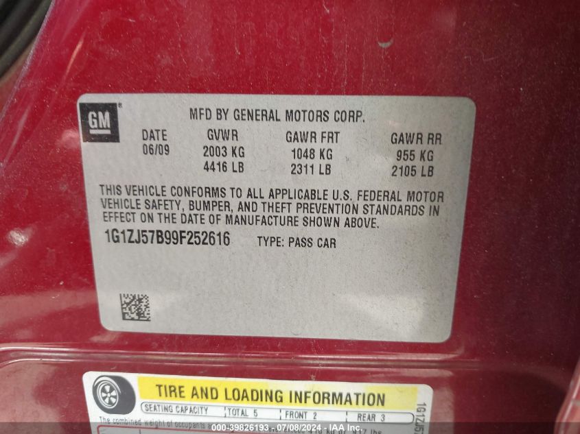 2009 Chevrolet Malibu Lt VIN: 1G1ZJ57B99F252616 Lot: 39826193