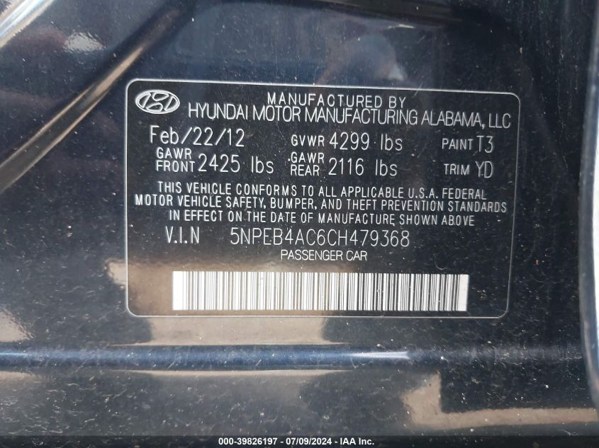 2012 Hyundai Sonata Gls VIN: 5NPEB4AC6CH479368 Lot: 39826197