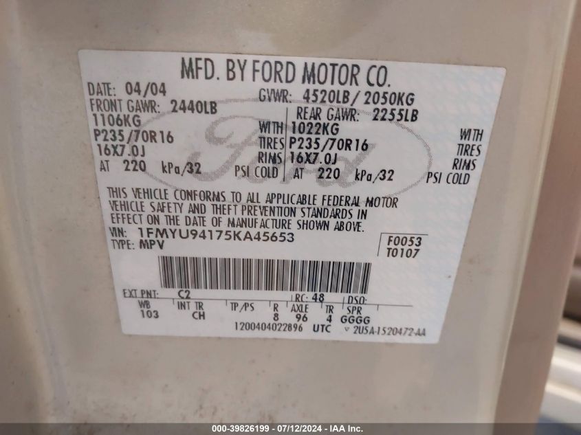 2005 Ford Escape Limited VIN: 1FMYU94175KA45653 Lot: 39826199