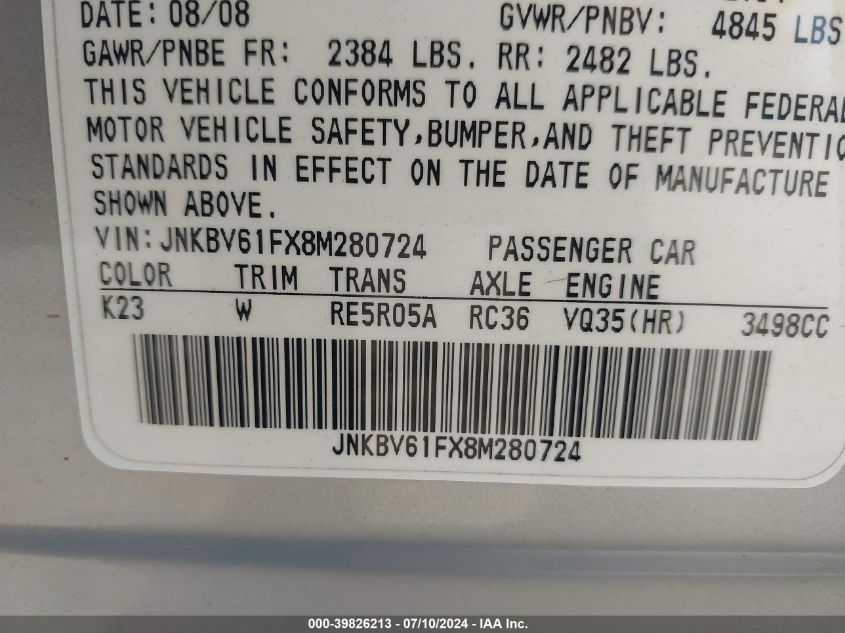 2008 Infiniti G35 VIN: JNKBV61FX8M280724 Lot: 39826213
