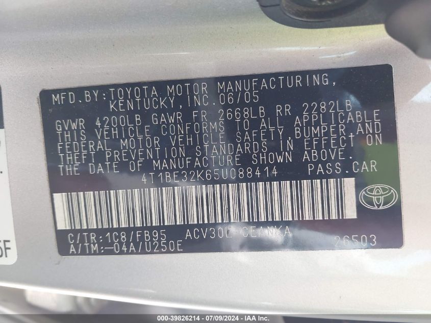 2005 Toyota Camry Le VIN: 4T1BE32K65U088414 Lot: 39826214