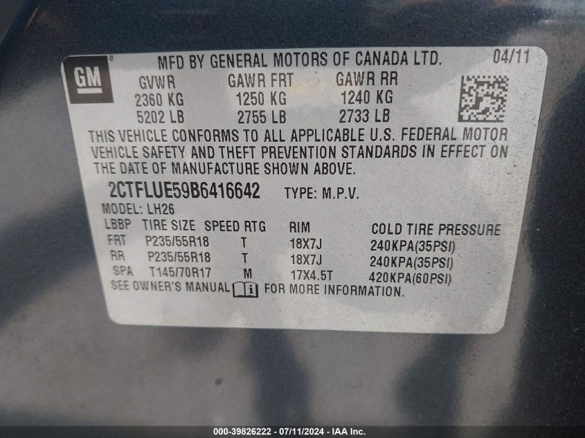 2011 GMC Terrain Slt-1 VIN: 2CTFLUE59B6416642 Lot: 39826222