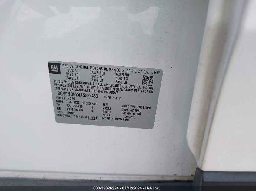 2010 Cadillac Srx Performance Collection VIN: 3GYFNBEY4AS582453 Lot: 39826224