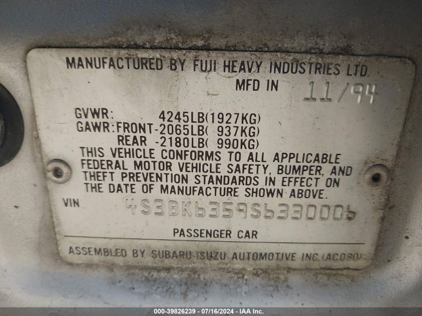 1995 Subaru Legacy L/Outback VIN: 4S3BK6359S6330006 Lot: 39826239