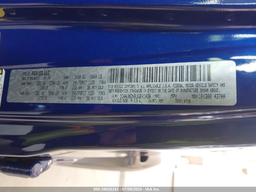 2018 Jeep Wrangler Unlimited Sport 4X4 VIN: 1C4HJXDN9JW241438 Lot: 39826243