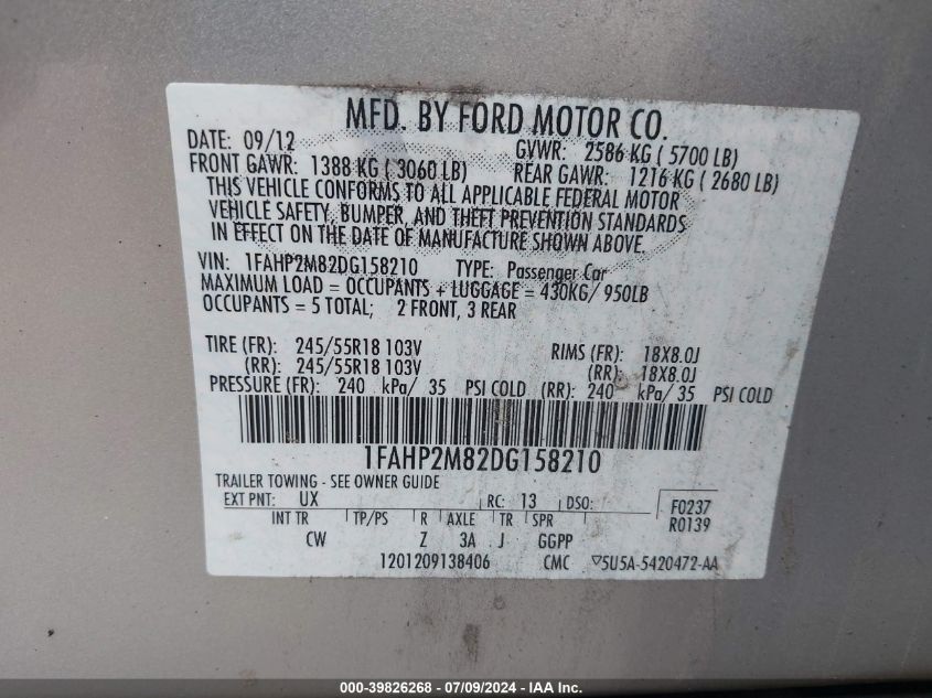 2013 Ford Police Interceptor VIN: 1FAHP2M82DG158210 Lot: 39826268