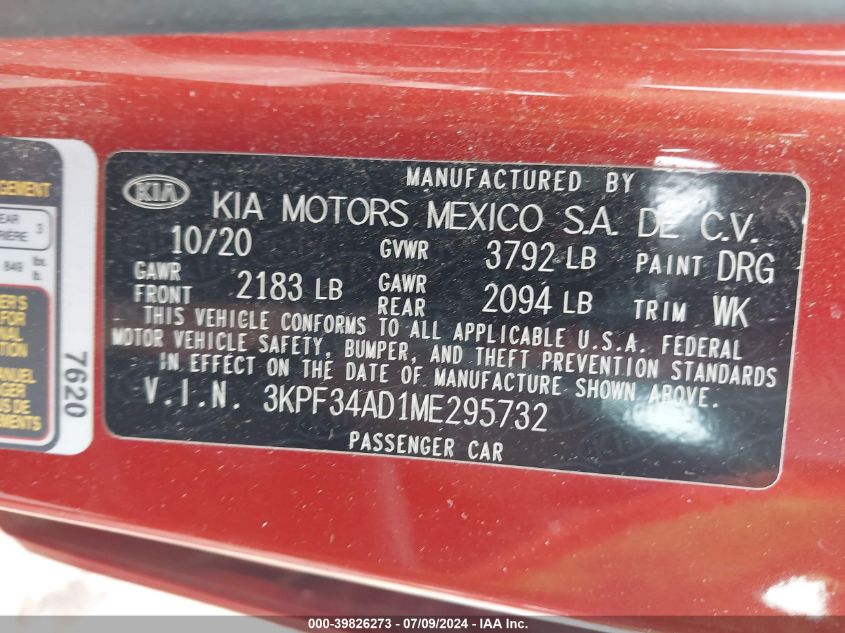 2021 Kia Forte Gt-Line VIN: 3KPF34AD1ME295732 Lot: 39826273