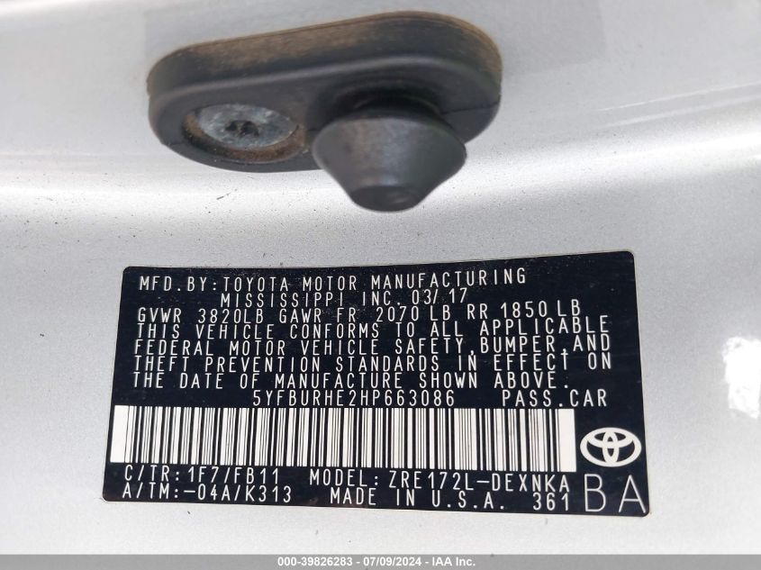 2017 Toyota Corolla Le VIN: 5YFBURHE2HP663086 Lot: 39826283