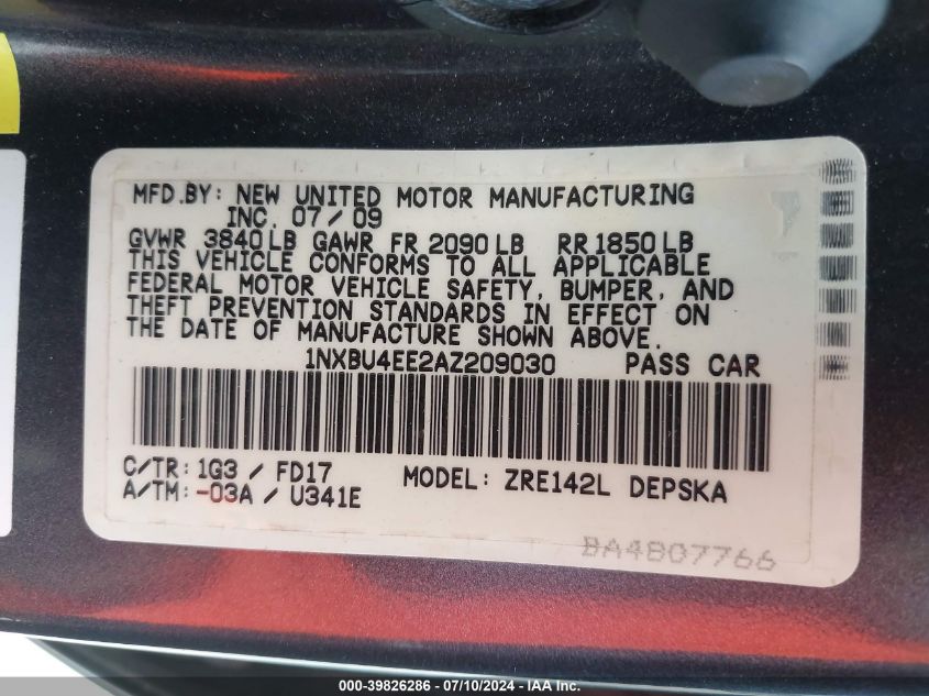 2010 Toyota Corolla S VIN: 1NXBU4EE2AZ209030 Lot: 39826286