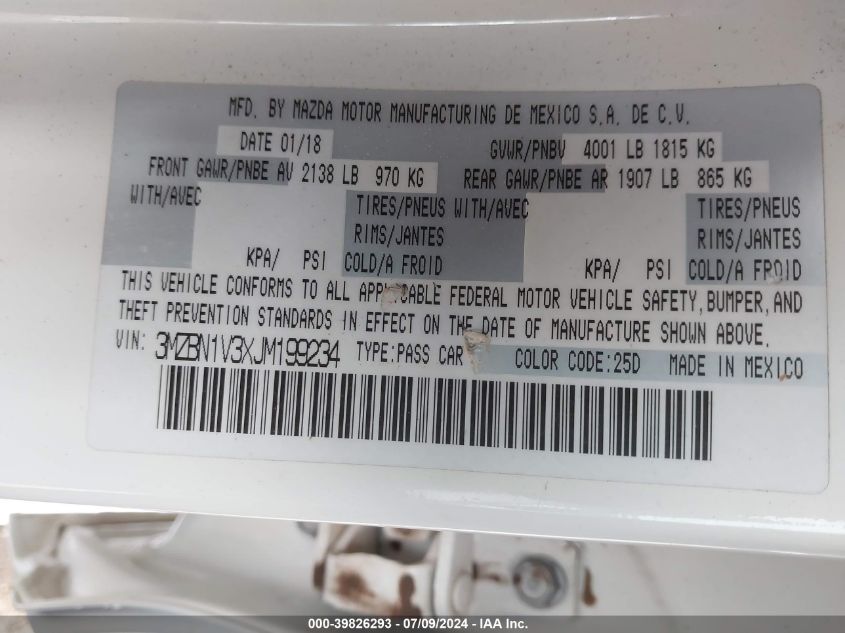 2018 Mazda Mazda3 Touring VIN: 3MZBN1V3XJM199234 Lot: 39826293