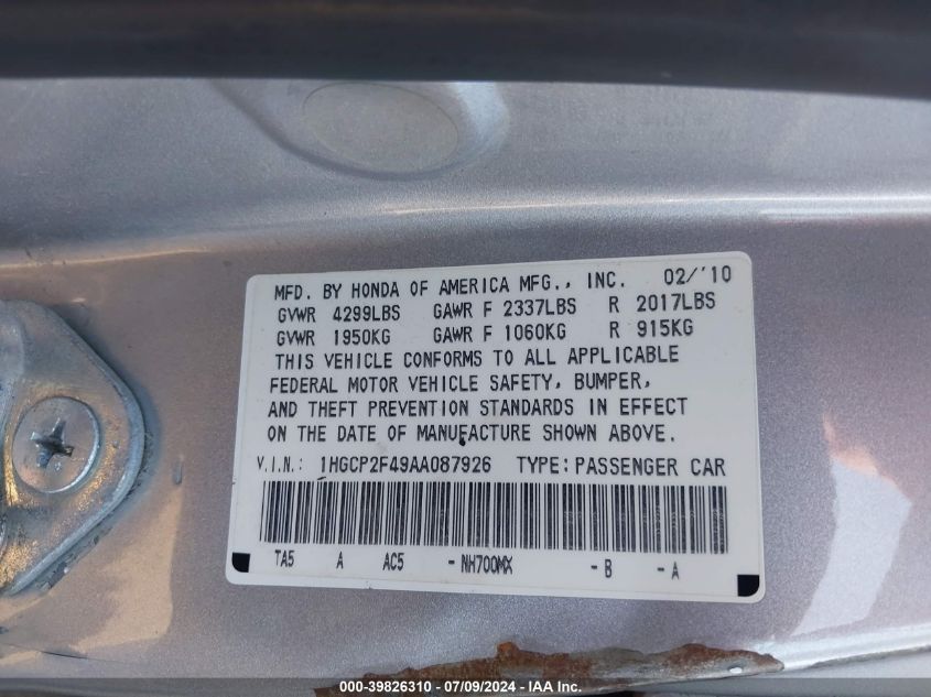 2010 Honda Accord 2.4 Lx-P VIN: 1HGCP2F49AA087926 Lot: 39826310