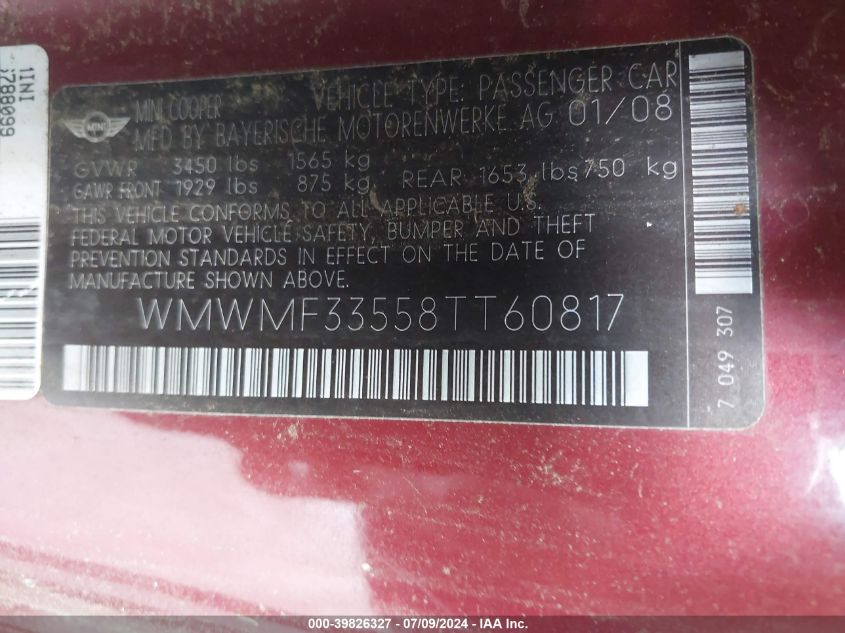 2008 Mini Cooper VIN: WMWMF33558TT60817 Lot: 39826327