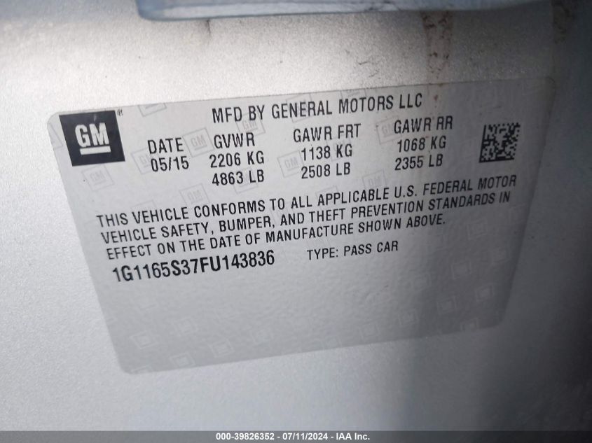 2015 Chevrolet Impala 2Lz VIN: 1G1165S37FU143836 Lot: 39826352