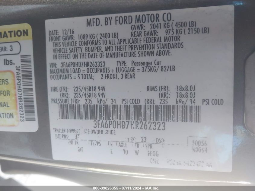 2017 Ford Fusion Se VIN: 3FA6P0HD7HR262323 Lot: 39826355