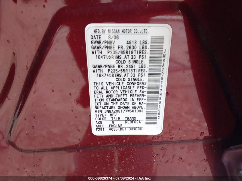 2007 Nissan Murano Sl/Se/S VIN: JN8AZ08T77W501083 Lot: 39826374