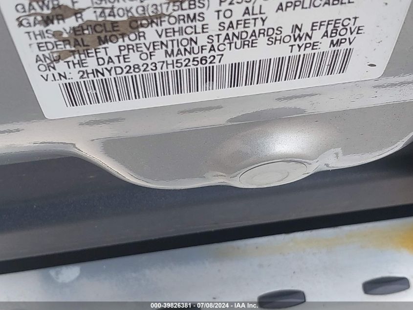 2007 Acura Mdx VIN: 2HNYD28237H525627 Lot: 39826381