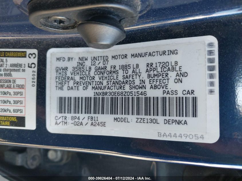 2008 Toyota Corolla Ce/Le/S VIN: 1NXBR30E68Z051546 Lot: 39826404