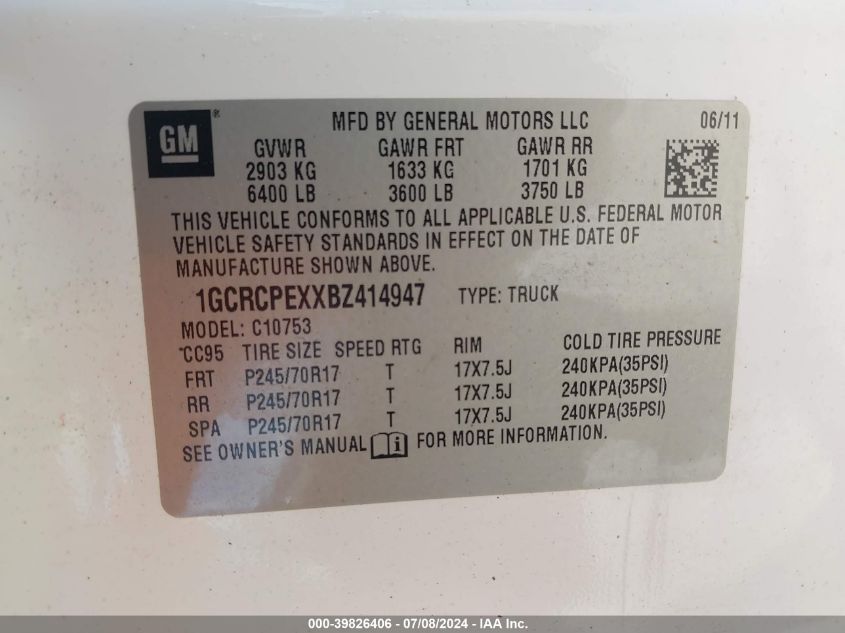 2011 Chevrolet Silverado 1500 Work Truck VIN: 1GCRCPEXXBZ414947 Lot: 39826406