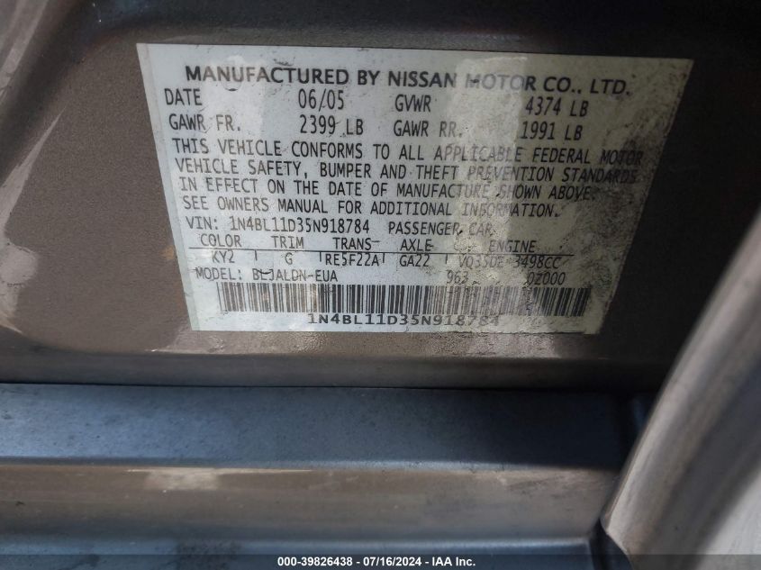 2005 Nissan Altima 3.5 Sl VIN: 1N4BL11D35N918784 Lot: 39826438