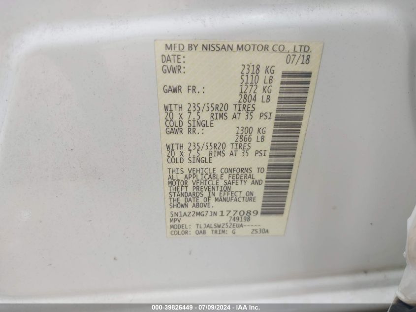 2018 Nissan Murano Platinum VIN: 5N1AZ2MG7JN177089 Lot: 39826449