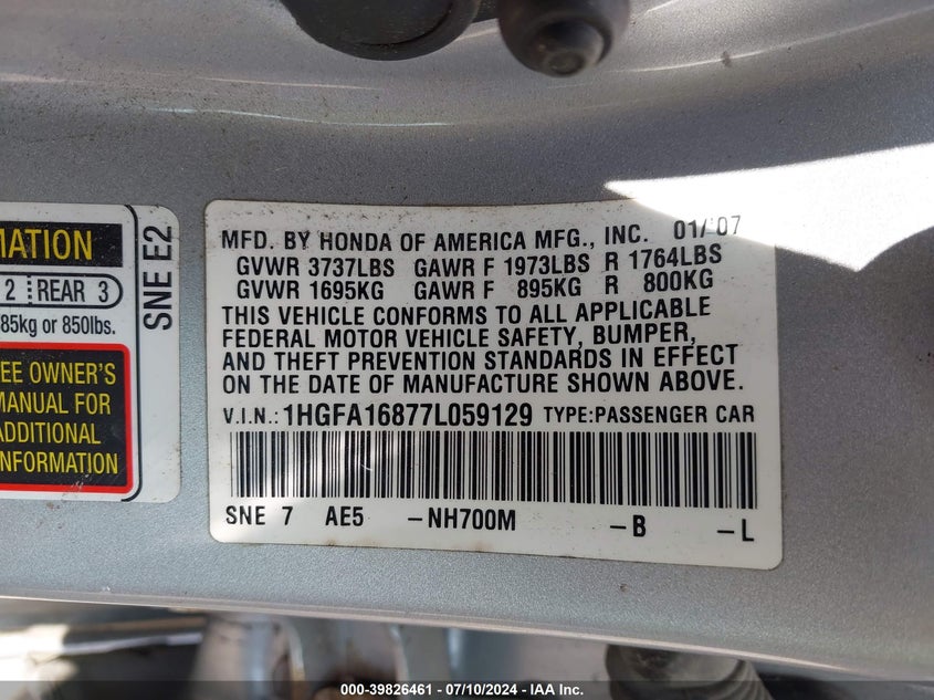 2007 Honda Civic Sdn Ex VIN: 1HGFA16877L059129 Lot: 39826461
