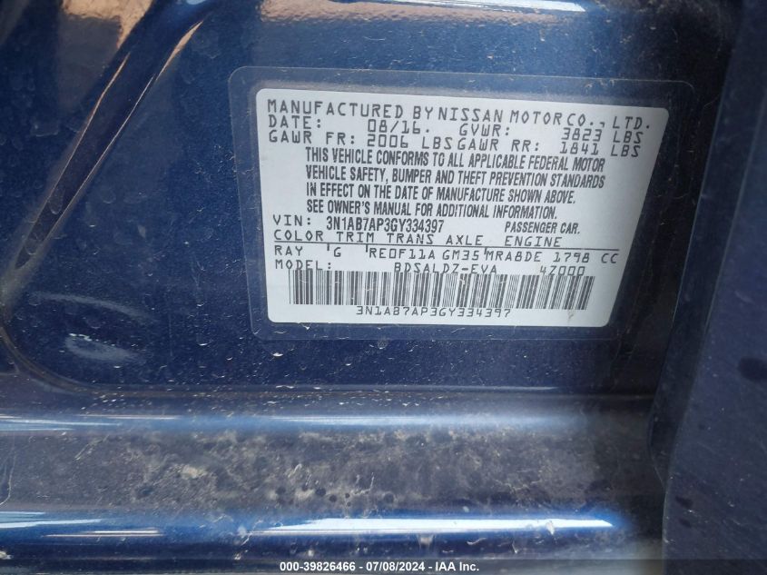 2016 Nissan Sentra Sv VIN: 3N1AB7AP3GY334397 Lot: 39826466