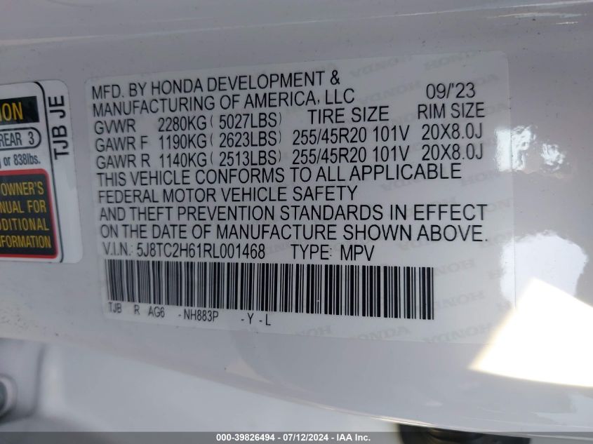 2024 Acura Rdx A-Spec Package VIN: 5J8TC2H61RL001468 Lot: 39826494