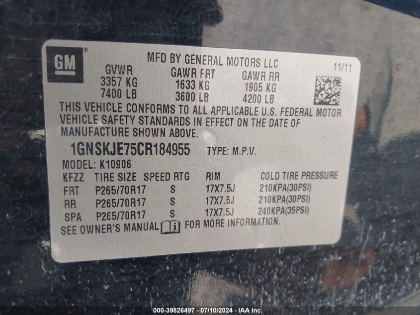 2012 Chevrolet Suburban 1500 Lt VIN: 1GNSKJE75CR184955 Lot: 39826497
