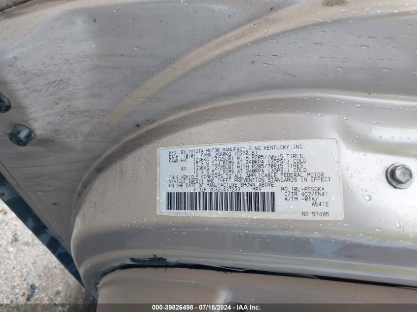 2002 Toyota Sienna Le VIN: 4T3ZF13C32U437233 Lot: 39826498