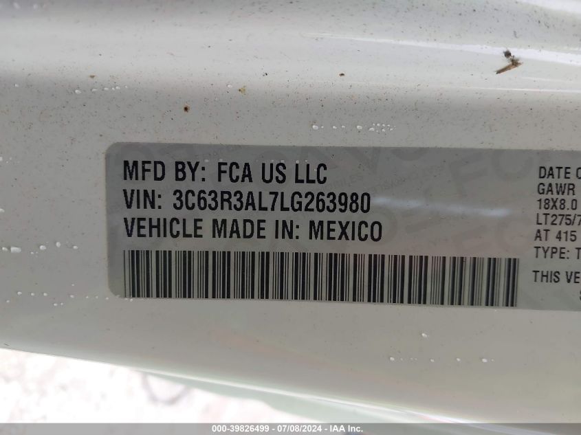 2020 Ram 3500 Tradesman Regular Cab 4X4 8' Box VIN: 3C63R3AL7LG263980 Lot: 39826499
