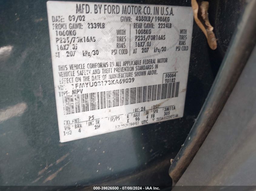 2003 Ford Escape Xlt VIN: 1FMYU03173KA69039 Lot: 39826500