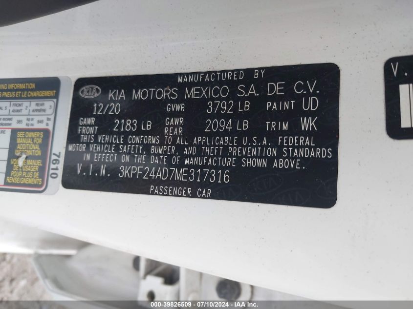 2021 Kia Forte Lxs VIN: 3KPF24AD7ME317316 Lot: 39826509