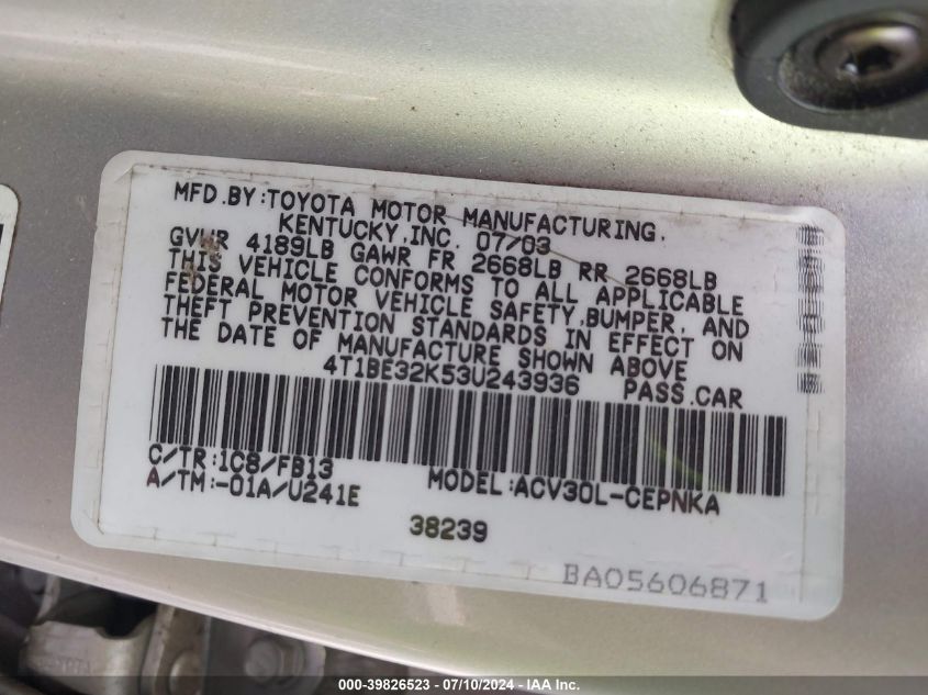 2003 Toyota Camry Le VIN: 4T1BE32K53U243936 Lot: 39826523