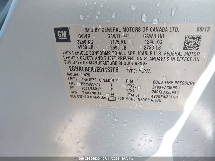 2014 Chevrolet Equinox 1Lt VIN: 2GNALBEK1E6113706 Lot: 39826530