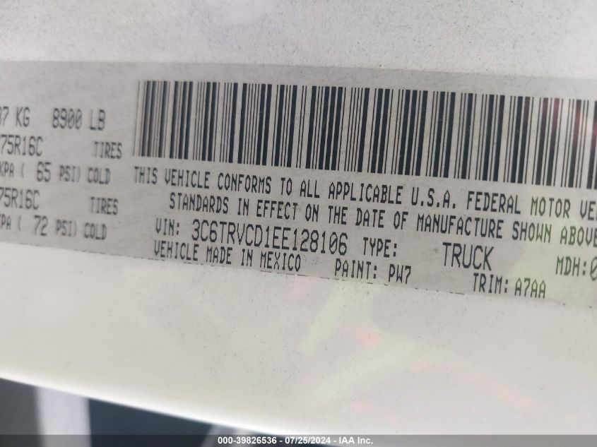 2014 Ram Promaster 2500 High Roof VIN: 3C6TRVCD1EE128106 Lot: 39826536