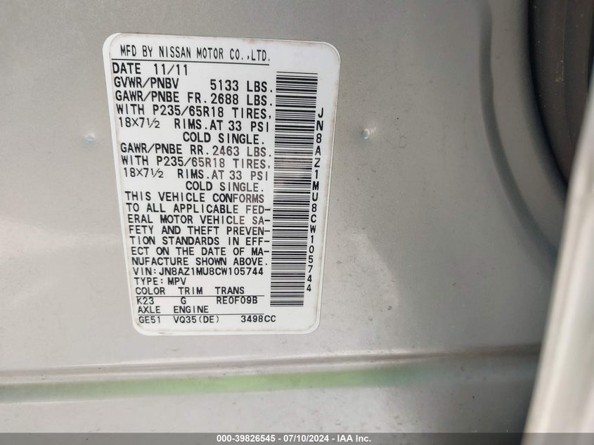 2012 Nissan Murano S/Sl/Le VIN: JN8AZ1MU8CW105744 Lot: 39826545