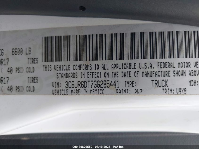 2016 Ram 1500 Tradesman VIN: 3C6JR6DT7GG285441 Lot: 39826550