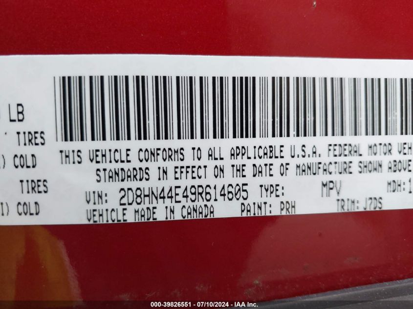2009 Dodge Grand Caravan Se VIN: 2D8HN44E49R614605 Lot: 39826551