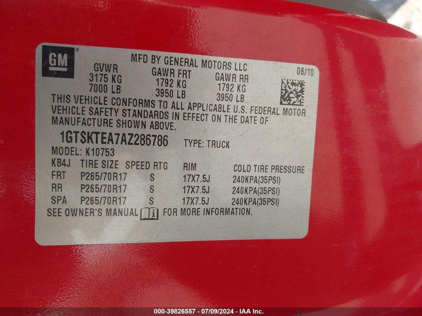 2010 GMC Sierra 1500 Work Truck VIN: 1GTSKTEA7AZ286786 Lot: 39826557