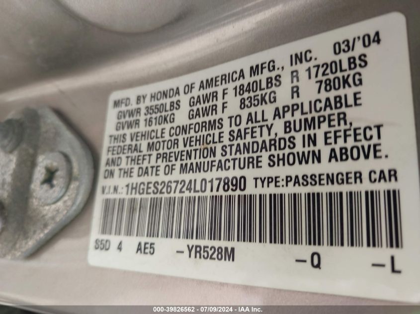 2004 Honda Civic Ex VIN: 1HGES26724L017890 Lot: 39826562