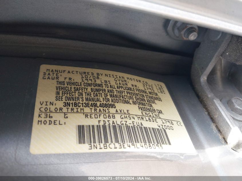 2009 Nissan Versa 1.8Sl VIN: 3N1BC13E49L408095 Lot: 39826573