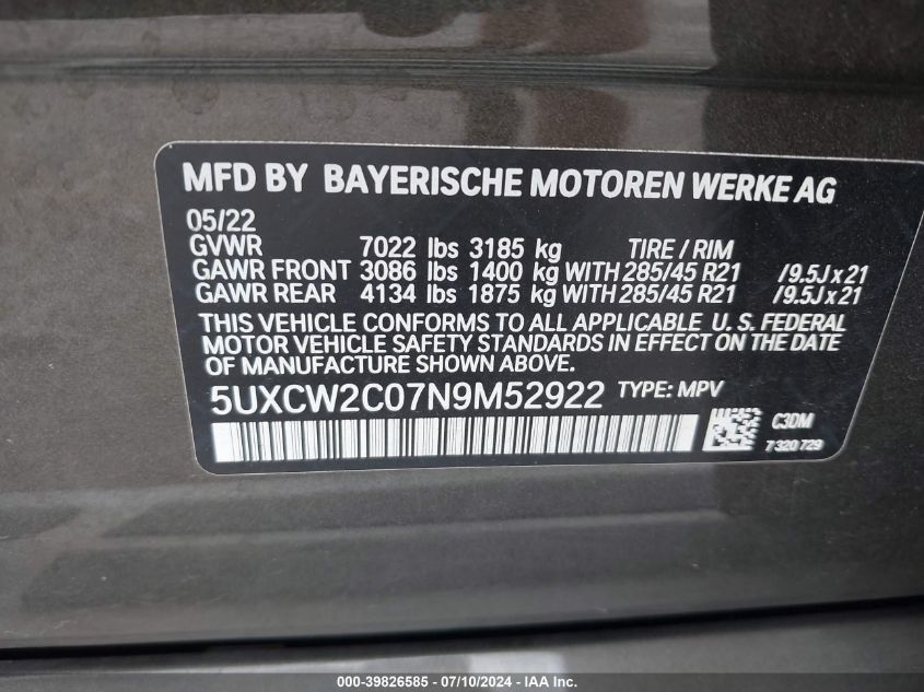 2022 BMW X7 xDrive40I VIN: 5UXCW2C07N9M52922 Lot: 39826585