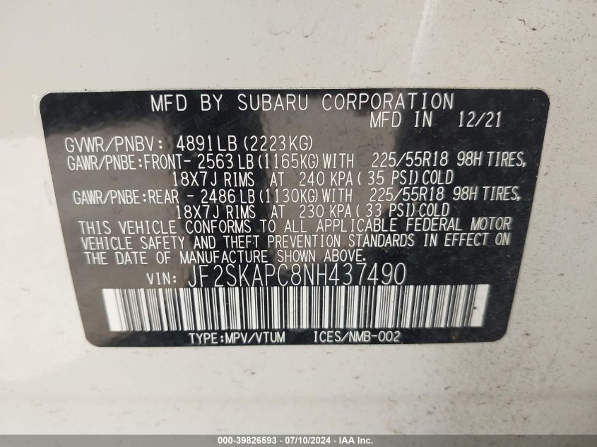 2022 Subaru Forester Limited VIN: JF2SKAPC8NH437490 Lot: 39826593