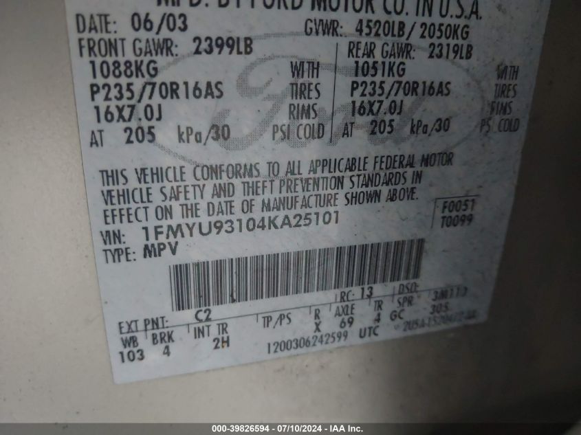 2004 Ford Escape Xlt VIN: 1FMYU93104KA25101 Lot: 39826594