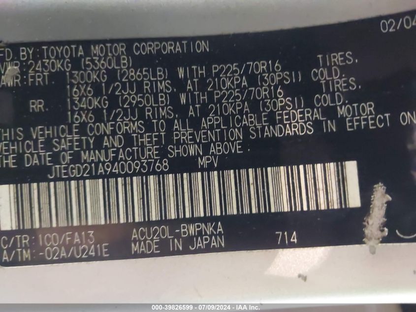 2004 Toyota Highlander VIN: JTEGD21A940093768 Lot: 39826599