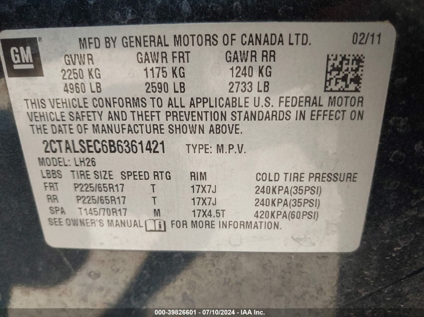 2011 GMC Terrain Sle-2 VIN: 2CTALSEC6B6361421 Lot: 39826601