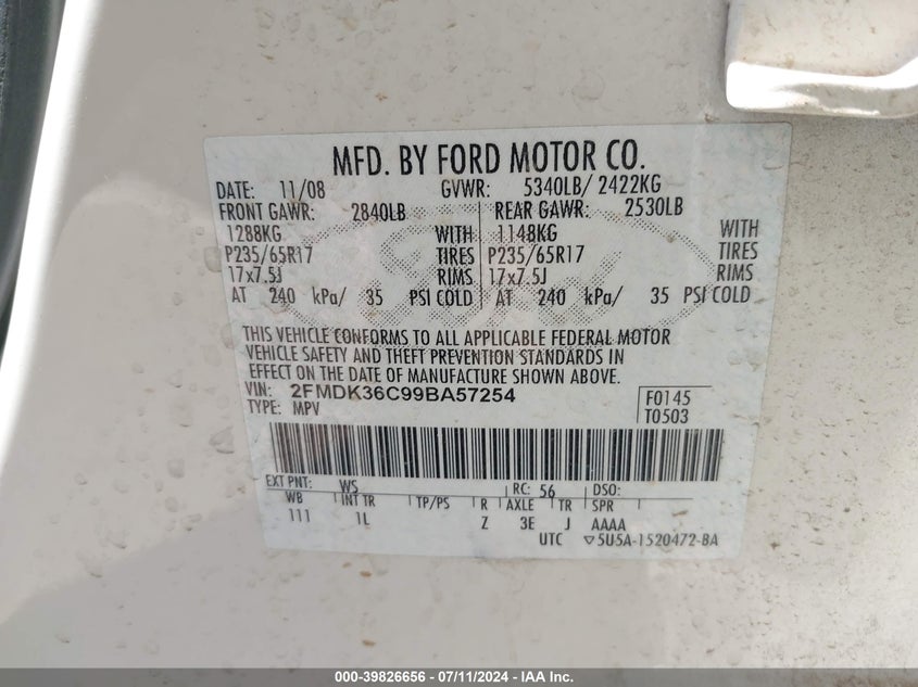 2009 Ford Edge Se VIN: 2FMDK36C99BA57254 Lot: 39826656