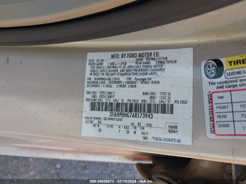 2010 Ford Fusion Se VIN: 3FAHP0HG7AR173943 Lot: 39826673